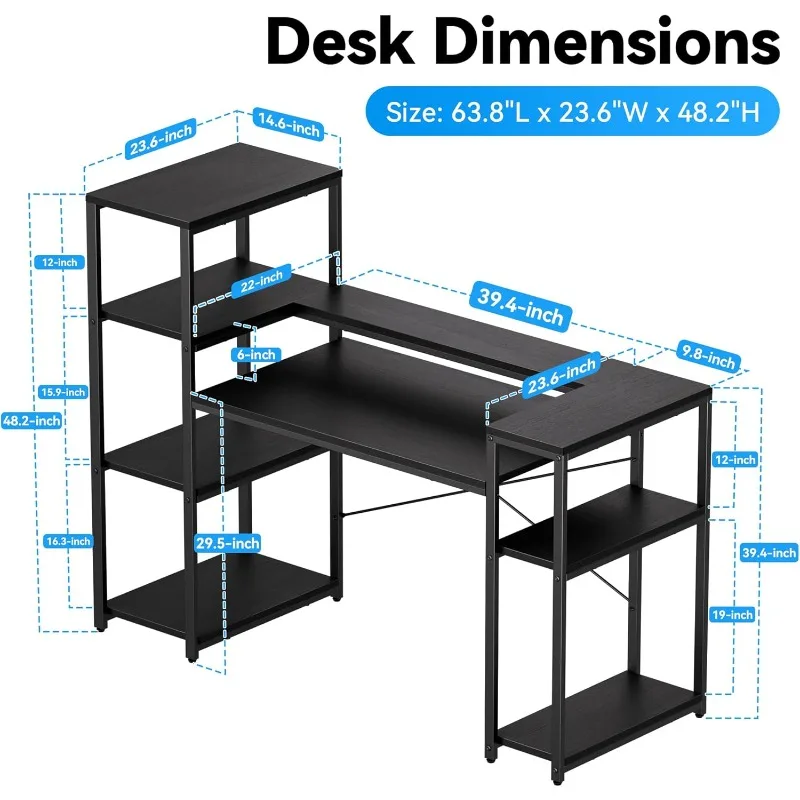 보관 선반이 있는 사무실 책상, 모니터 스탠드가 있는 63인치 컴퓨터 책상, 연구, 글쓰기, 게임용 CPU 스탠드 포함, 검정색