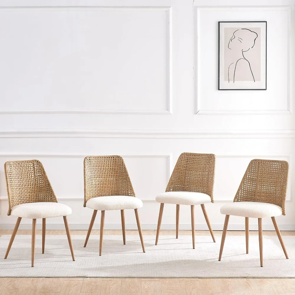 Rattan Dining Chairs Set of 4,Accent Upholstered Boucle Kitchen Room Chairss,  Modern Dining Room Chairs with PE Cane Back