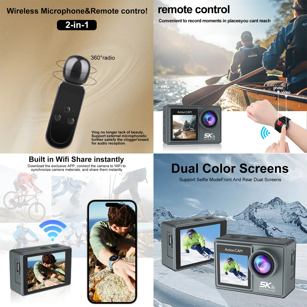 5K 4K60FPS Action Camera Dual IPS Touch LCD EIS 170° DVR Action Cam 30M Waterproof 5X Zoom Sport Camera With Remote Control