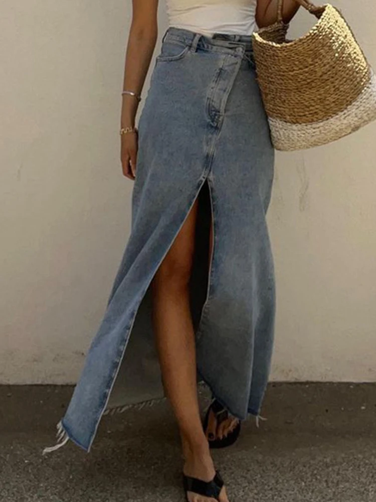 

Vintage Denim Skirt Women Elegant High Waist Slit Long Skirt Fashion Blue Wrap Denim Skirt Female Casual Loose Chic Jean Skirt