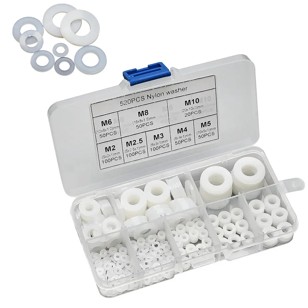 520pcs White Plastic Flat Washers Nylon Washers 8 Sizes Washers Assortment Set Circuit Boards Downpipes Faucets Nylon Gasket