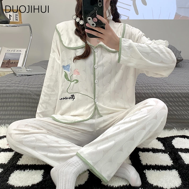 DUOJIHUI-pijama holgado de dos piezas para mujer, cárdigans básicos con botones, pantalones de moda, Conjunto de pijama sencillo para el hogar, novedad de otoño