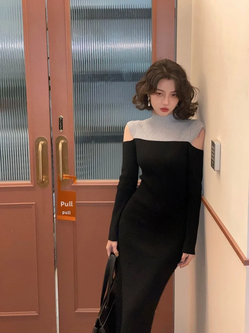 

Retro Knitted Dress Half High Collar Shoulder Bared Waist Cinched Base Layer Wrap around Skirt Long Sleeve Warmth Emitting Da...