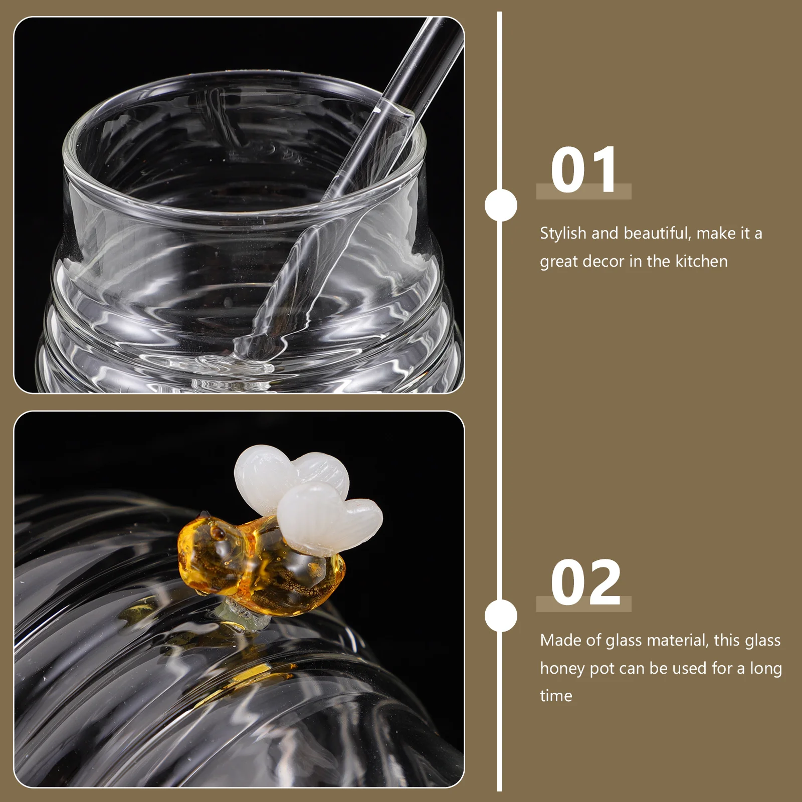 

Glass Honey Container with Dipper Stick for Hot Beverages Bread and Kitchen Decor Long Lasting Use Honey Glass Jar