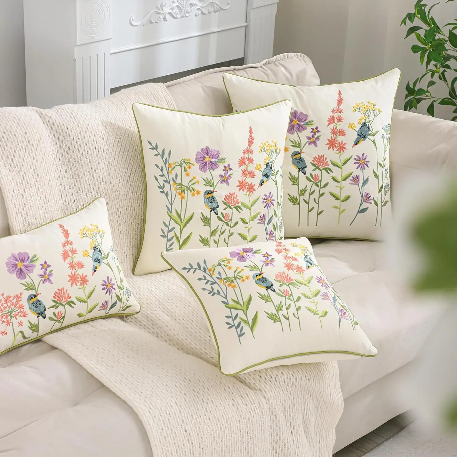 New Chinese-style Embroidered Pillowcase Country Flower All-cotton Embroidered Waist Pillow Sofa Living Room Bay Window Cush