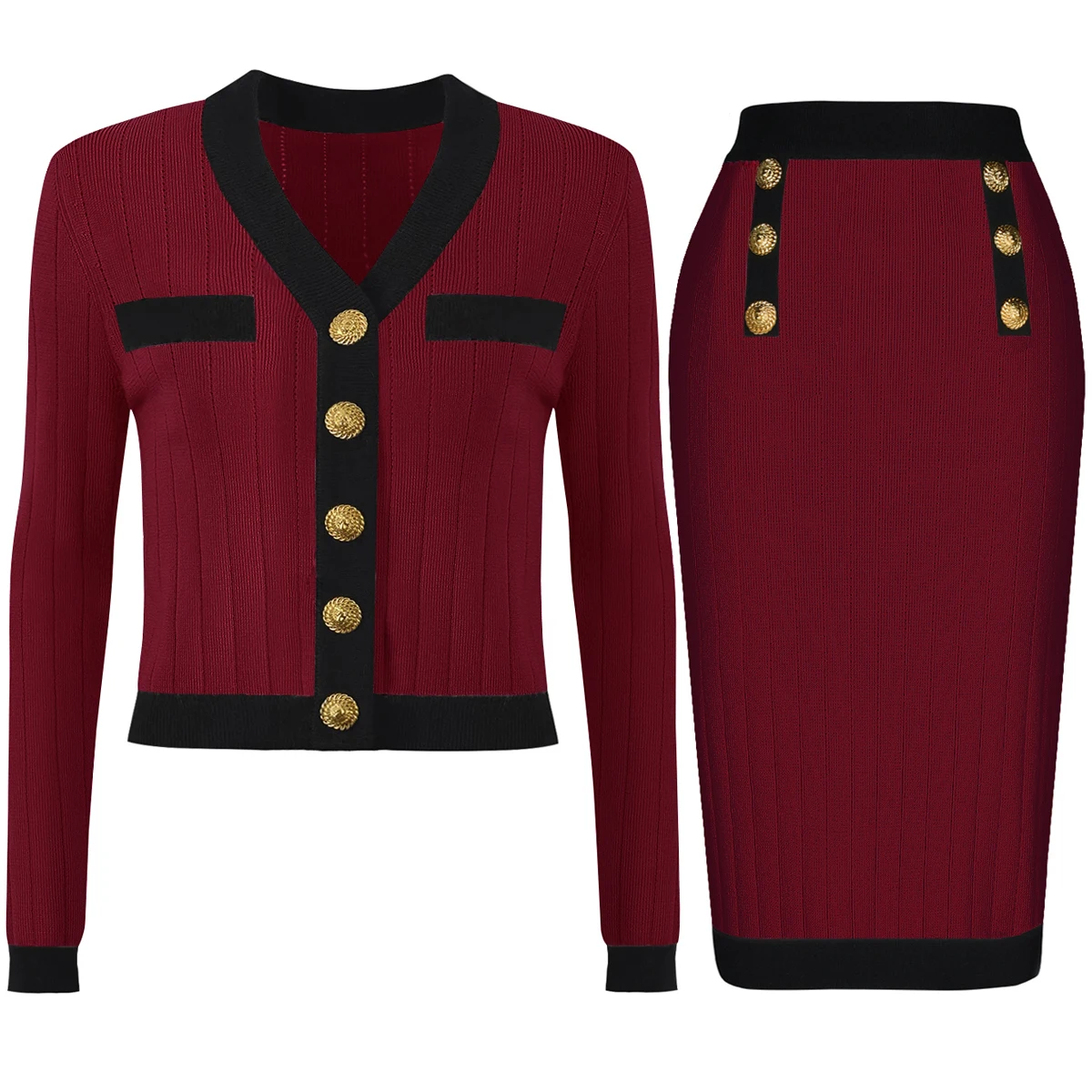 

High Quality Autumn New Fashion Elastic Knitted V-neck Color Blocked Long Sleeved Cardigan Slim Fit Skirt Women's Set