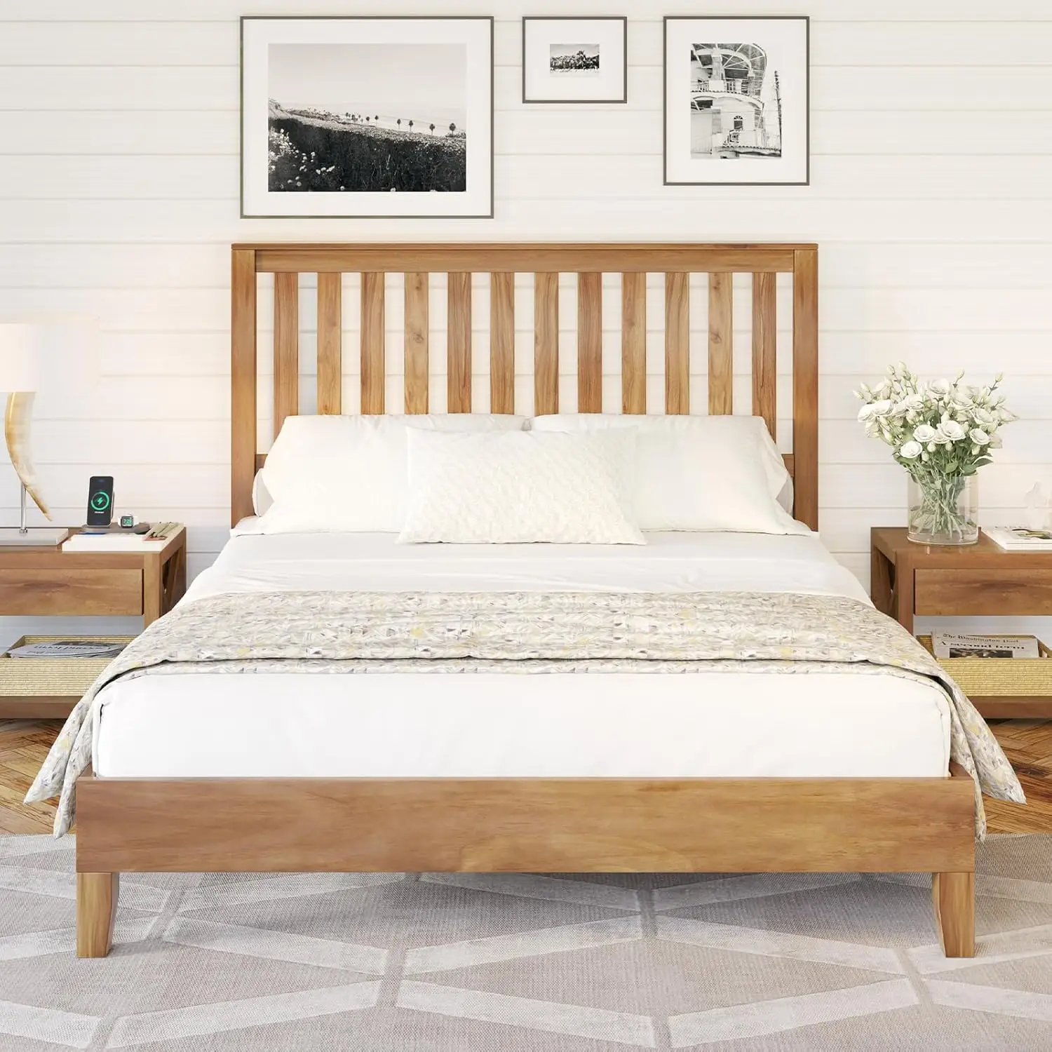 

Queen Size Wood Bed, Mid-Century Wooden Platform Bed Frame with Grille Headboard, Wood Slat System, No Box Spring Needed