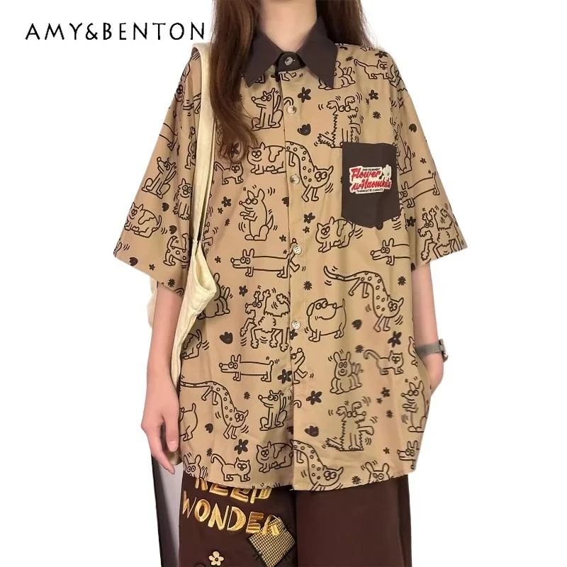 

Original Japanese Retro Cartoon Full Print Short-sleeved Shirt Women's Summer Loose Versatile Blouse Top Single-breasted Clothes