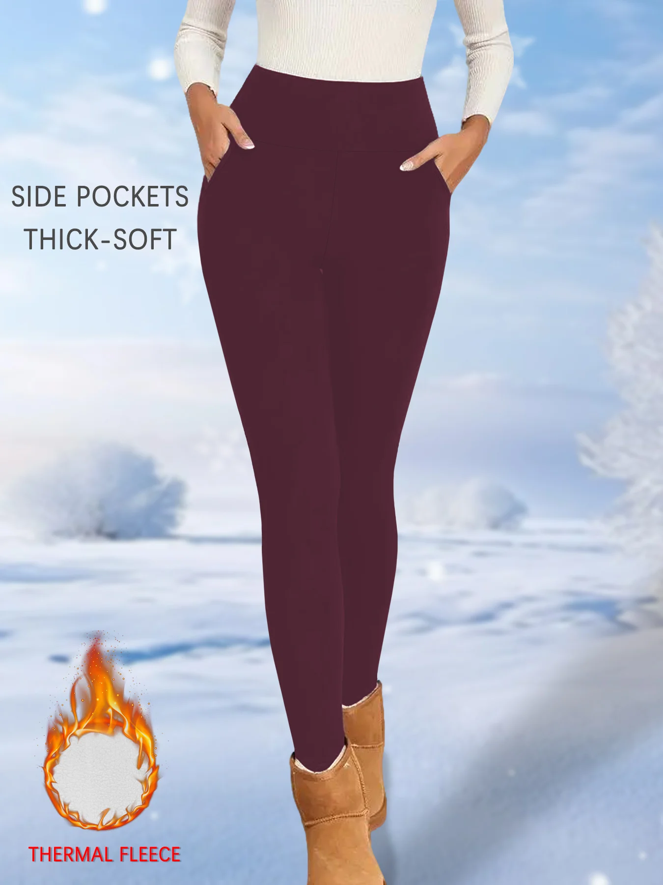 Women's thermal workout leggings with fleece lining and pockets.High waisted design provides warmth for winter exercises