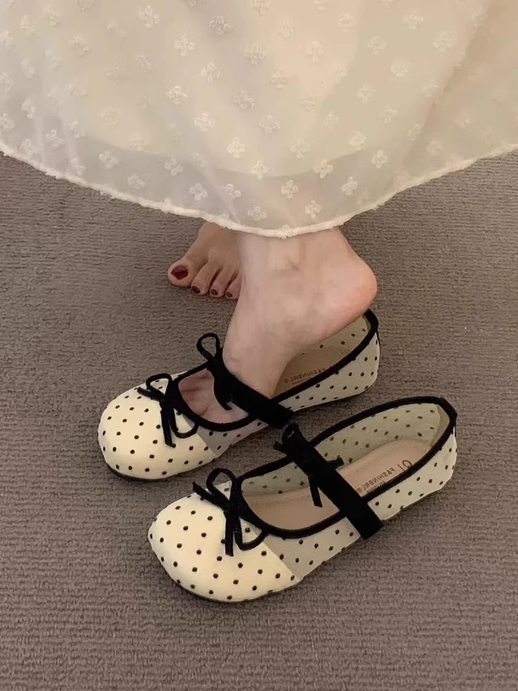 French Style Ballet Flat Shoes Gentle Mesh  Knot Bean Bean  Shoes Breathable round Toe Flat Heel for Spring Summer