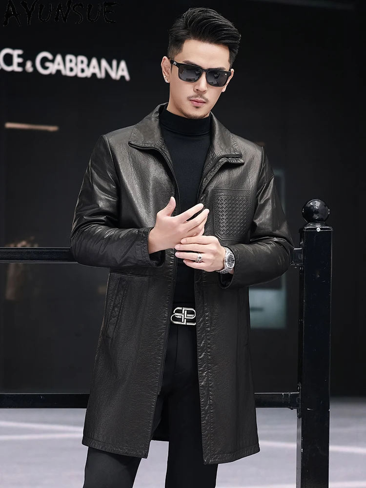 AYUNSUE Real Cowhide Leather Jackets for Man Mid-length Trench Coat Stand Collar Genuine Leather Jacket High-end Black Overcoat