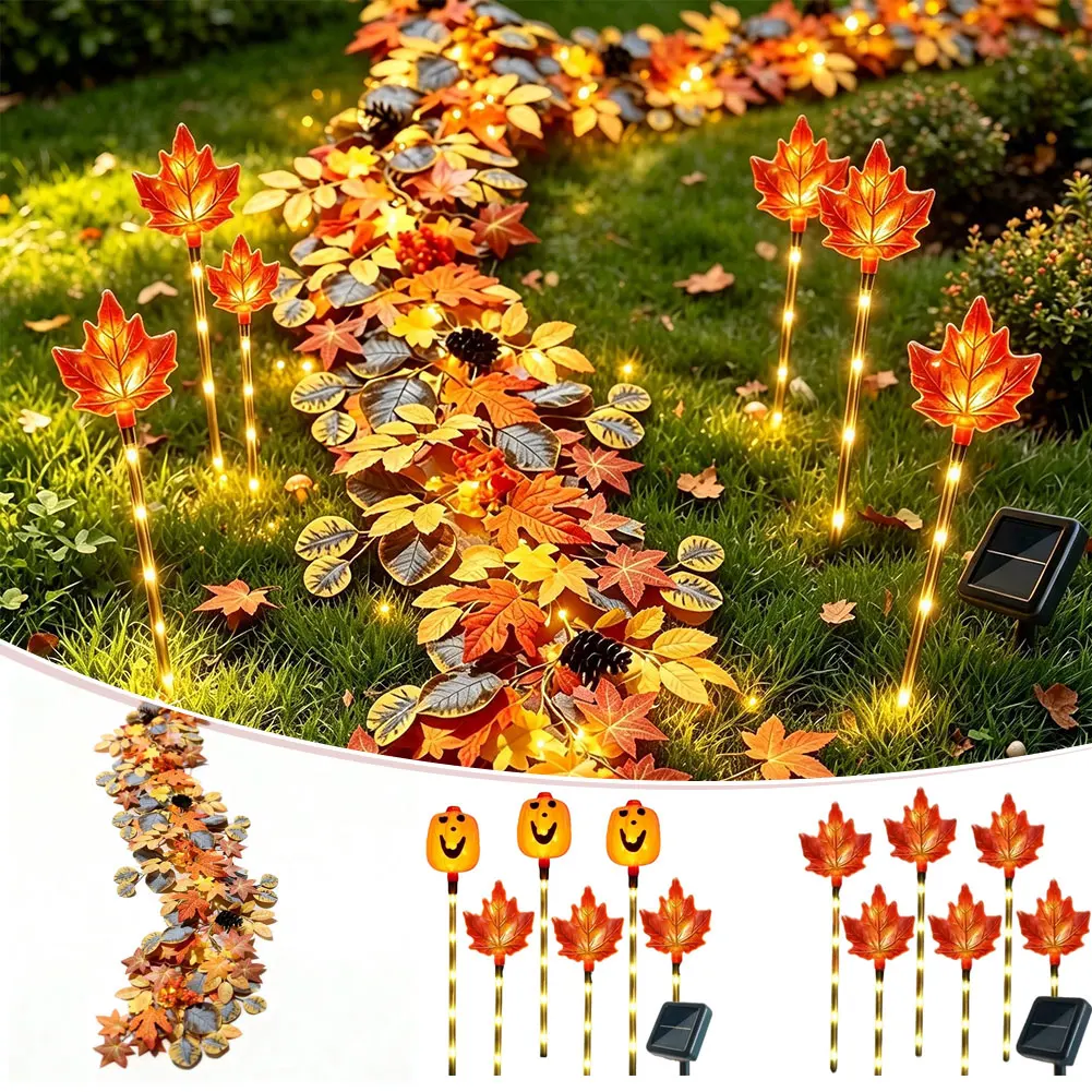 Halloween Decor Solar Stake Light Pumpkin Maple Leaf Warm Glow Solar Powered Outdoor Lawn Courtyard Lamp Holiday Party Gift
