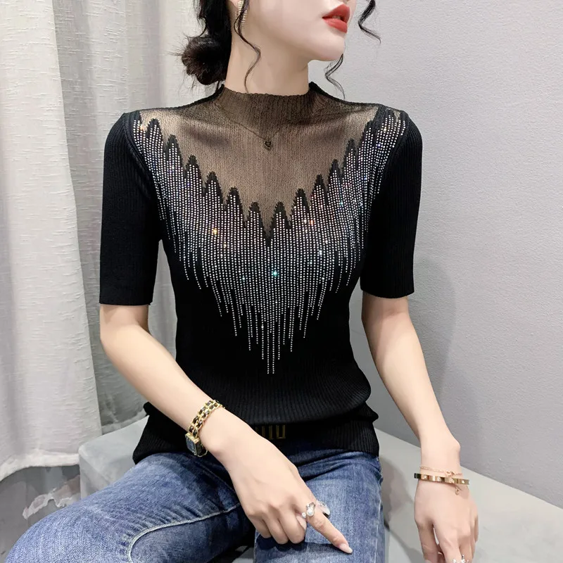 MadBlack Summer European Clothes T-Shirt Female Knit Patchwork Shiny Rhinestones Slim Tops Short Sleeve Elastic Tees 2023T34726M