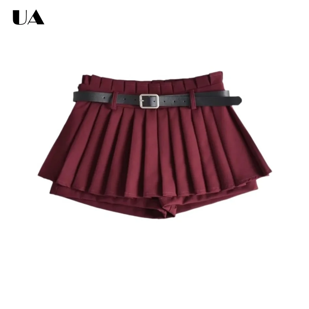 American Style Ruched Mini Skirt for Women Baddie Belted Unique Skirts, Vintage Empire Women's Skirts Safety Solid Zipped Skort