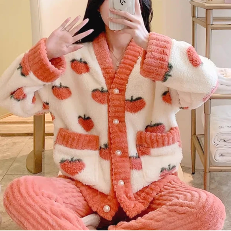 2PCS/Set Maternity Winter Thickened Warm Flannel Pregnant Women\'s Pajamas Long-Sleeved Peach Loungewear Soft Homewear Nursing