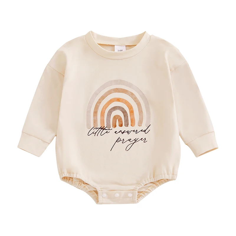 

Baby Fall Sweatshirt Romper Letter Rainbow Print Long Sleeve Crew Neck Bubble Jumpsuit