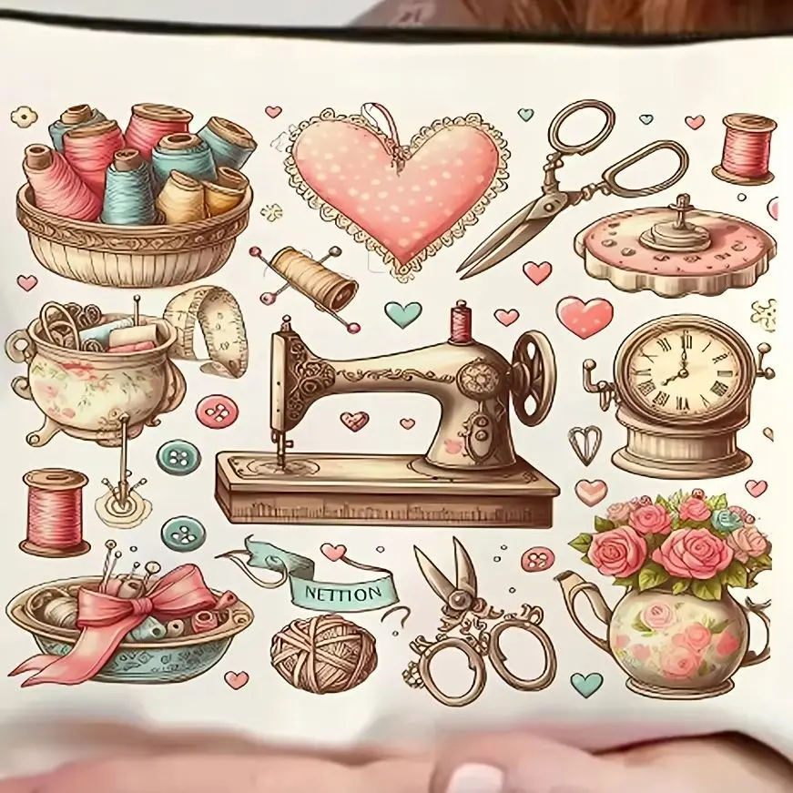 Vintage Sewing-Themed Makeup Bag - Durable Lightweight & Foldable Travel Organizer, Ideal Gift For Craft Enthusiasts