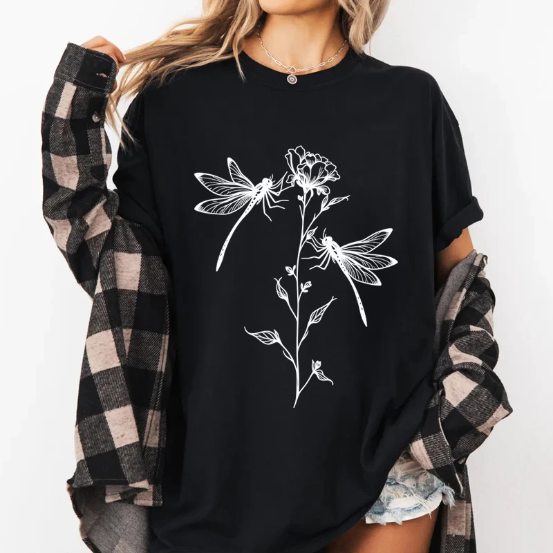 Womens Dragonfly Floral Tshirt Botanical Dragonfly Lover Tee Entomology T-shirt Women Casual Printed T Shirt Summer