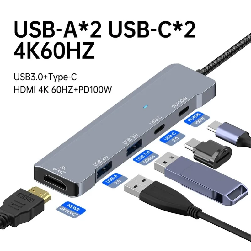 5 Ports USB C Hub to 4K HDMI-Compatible PD Fast Charge USB 3.0 2.0 HUB Type C Charging Docking for MacBook iPad Samsung