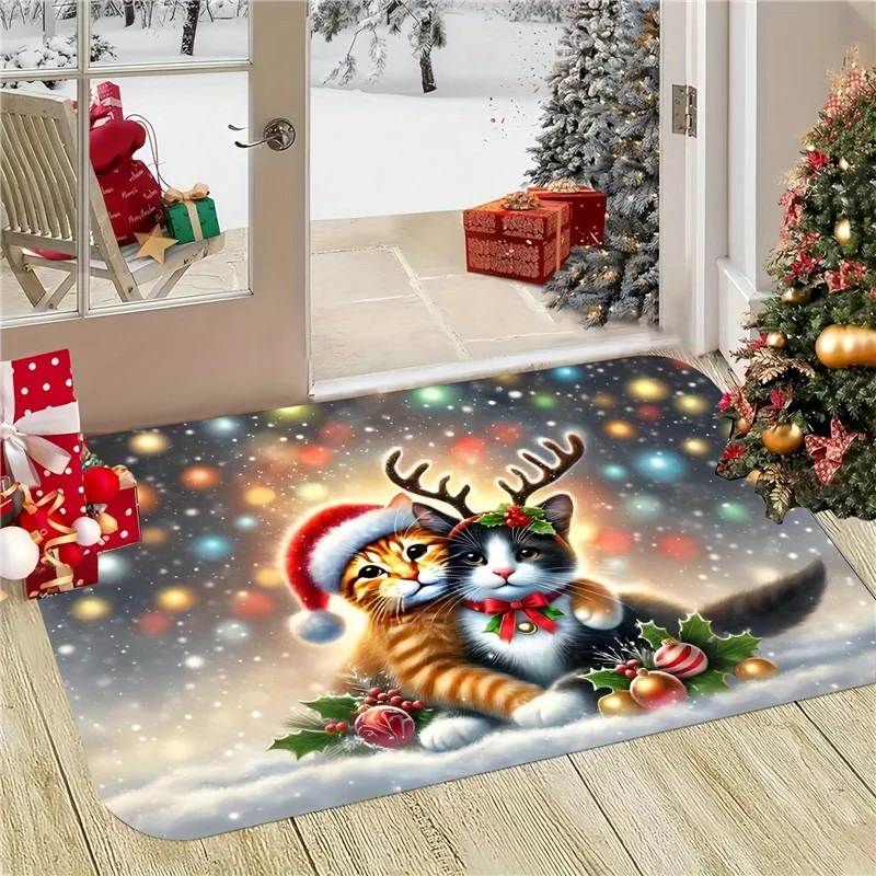 Christmas Flannel Door Mat Cute Christmas Cats Reindeer Antlers Holly Snow Print Non‑Slip Floor Rug for Indoor Xmas Home Decor