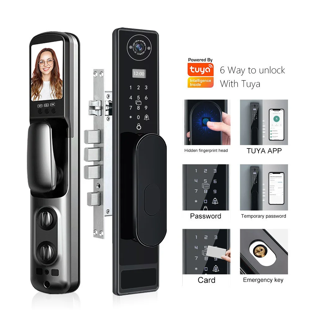 Automatic TUYA Wifi Cat Eye Capture Fingerprint Lock Press Doorbell Visual Intercom Smart Lock Anti-theft Door Lock