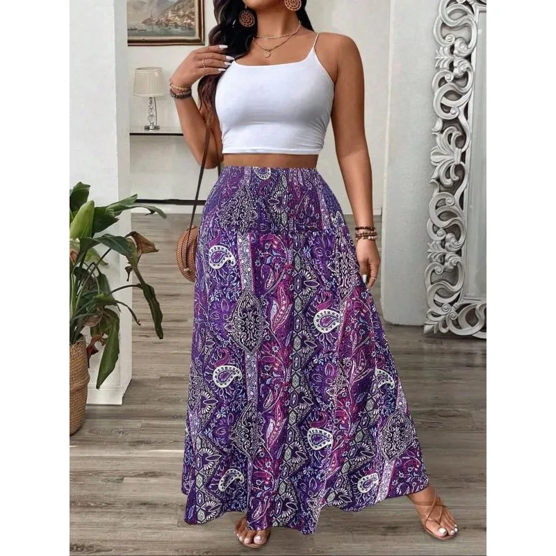 プラスサイズ 1XL-5XL 女性のボヘミアンプリントスカートレディースレジャー気質丈スカート弾性ウエスト女性ロングスカート