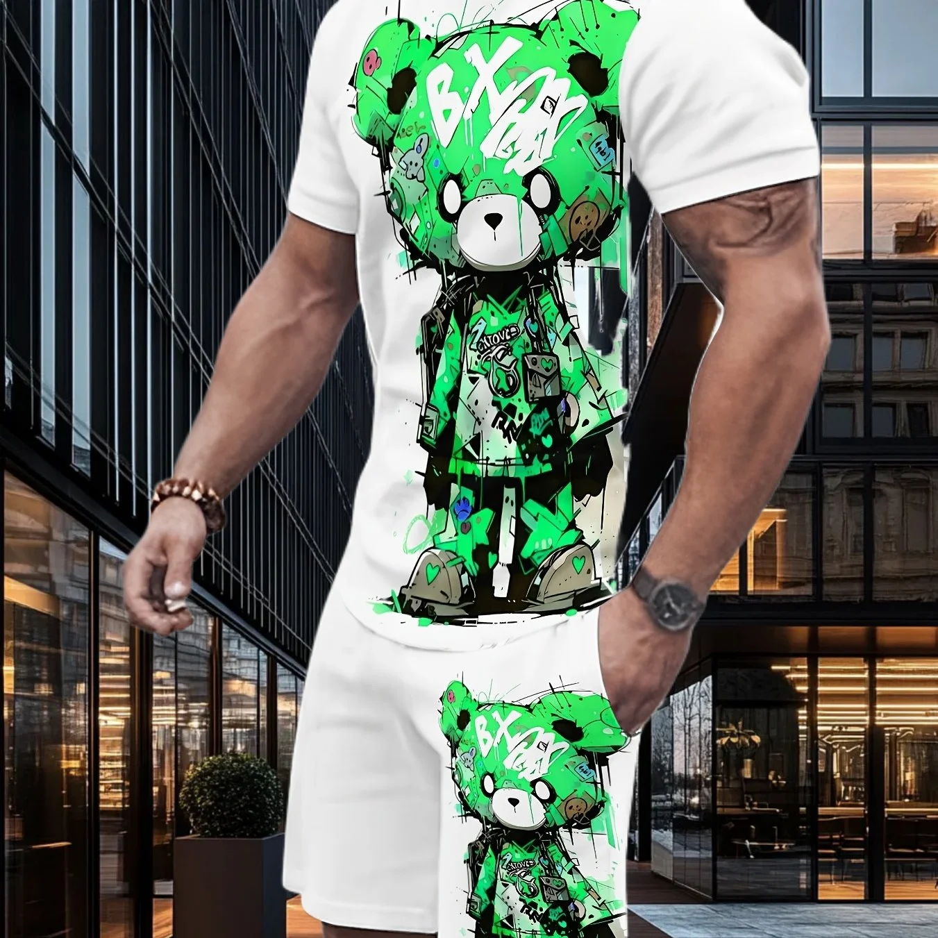 

25/26 New Summer Set Men's T-shirt Trendy American Street Printed Round Neck Men's Set Trendy Handsome Sports Two Piece Set