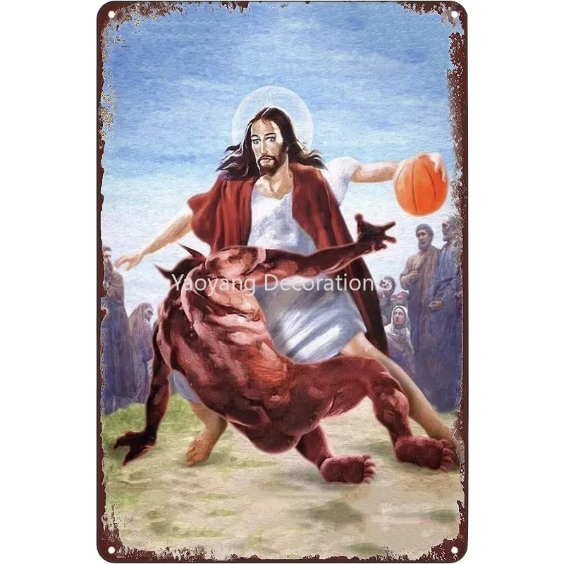 

Vintage Metal Tin Sign Jesus vs Satan in Basketball Poster Funny Signs Wall Art Decor Plaque for Home Bar Club Cafe Living Room