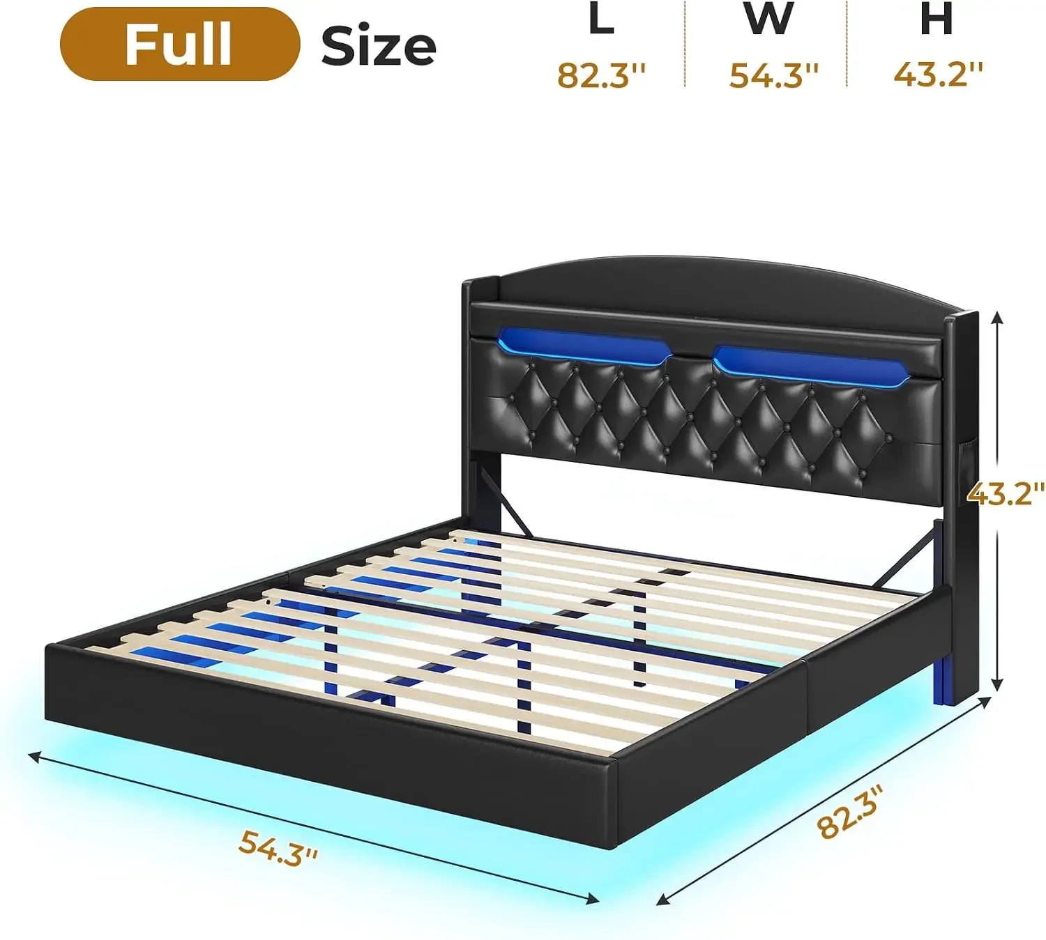 Floating Bed Frame Full Size with Hidden Storage Headboard, PU Black | Type-C Charging Station, RGB Floating Platform Bed, No Bo