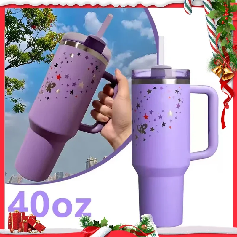 

40oz Straw Cup Water Cup with Lid Stainless Steel Vacuum Cup Thermos Cup Wagon Cup Large Capacity Water Bottle Purple Star