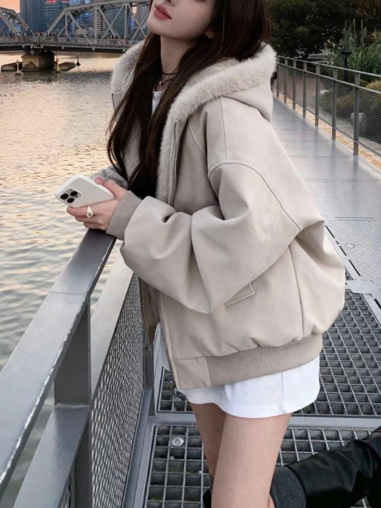 Lamb Wool Thick Hooded Cotton Coat Women Winter New Plush Jacket Loose Fit Warm Outerwear in Light Khaki Casual Cozy Style