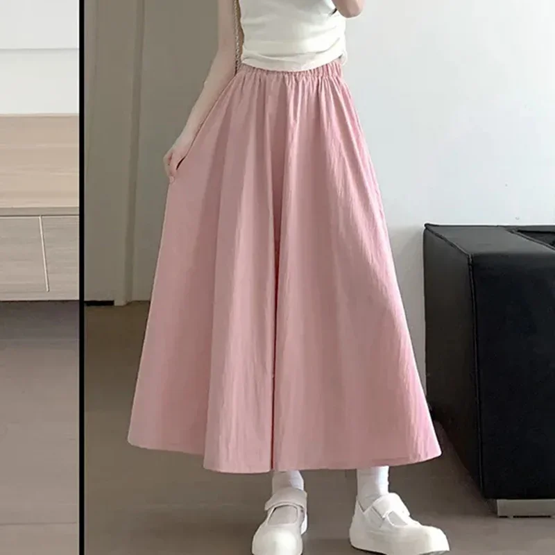 

Summer Thin Pink Midi Skirt Women Korean High Waist Elastic Loose Cake Skirts Fashion Solid All Match Female Pleated Skirts
