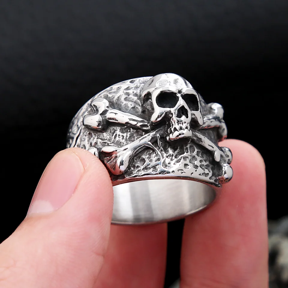Punk Vintage Stainless Steel Crossbones Pirate Skull Ring For Men Boys Biker Hip Hop High Quality Fashion Jewelry Gift Wholesale