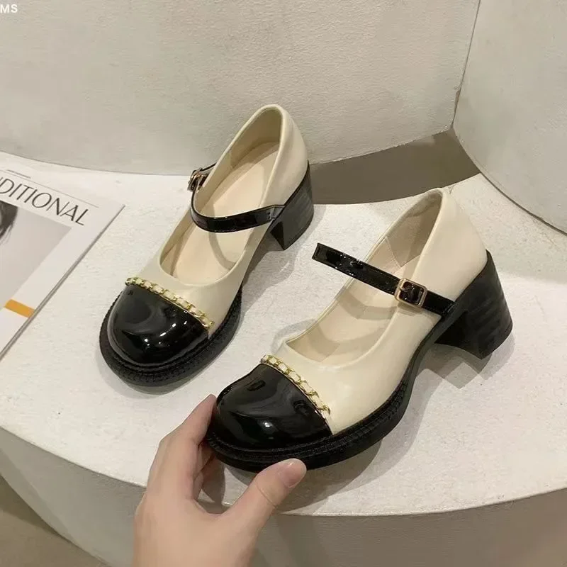 Retro Mary Jane shoes women Japanese autumn color blocked fashion British style round toe buckle high-heeled leather shoes