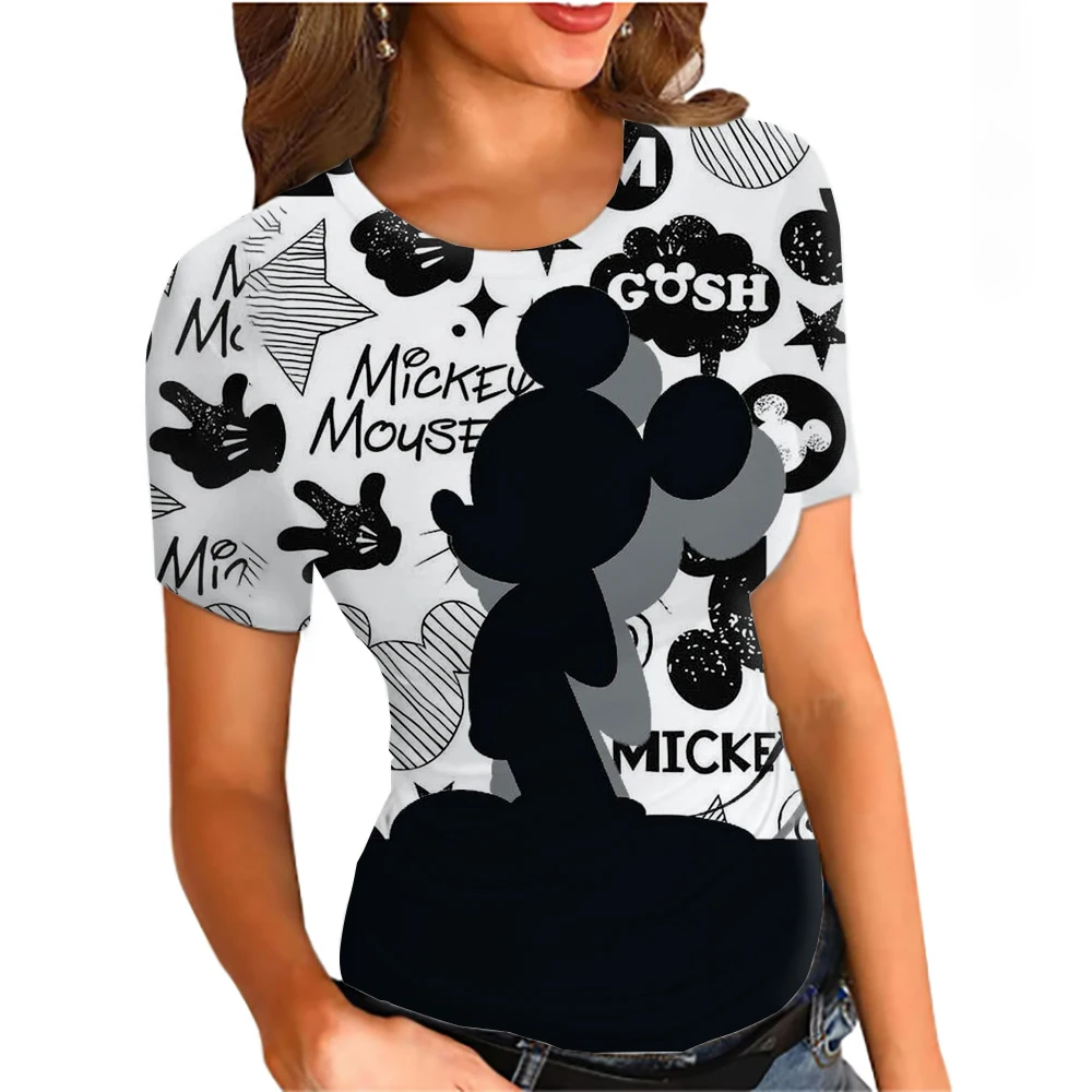 レディース半袖シャツ、ラウンドネックスリムフィットTシャツ、夏カジュアルベーシックカットシャツ、ストリートウェア、ディズニーミッキーマウスプリント