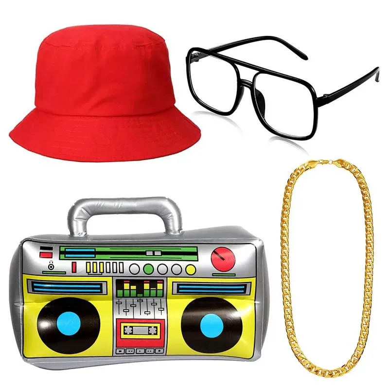 2025 11 80s 90s Kit de disfraz de Hip Hop conjunto de accesorios de rapero gorra de béisbol Radio oro falso cadena de dinero anillos pulsera Fiesta Disco G