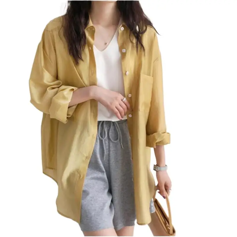 

2023 Women Rayon Narrow Slit Back Strap Shirt Casual Loose Thin Breathable Long Sleeved Sunscreen Overshirt Summer New