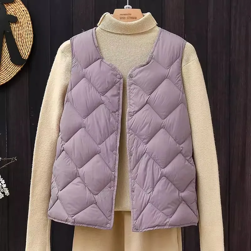 M/L Women Down Vests 2024 New Autumn Winter Ultralight Duck Down Waistcoat Sleeveless Collarless Puffer Lining Jackets 0-10℃