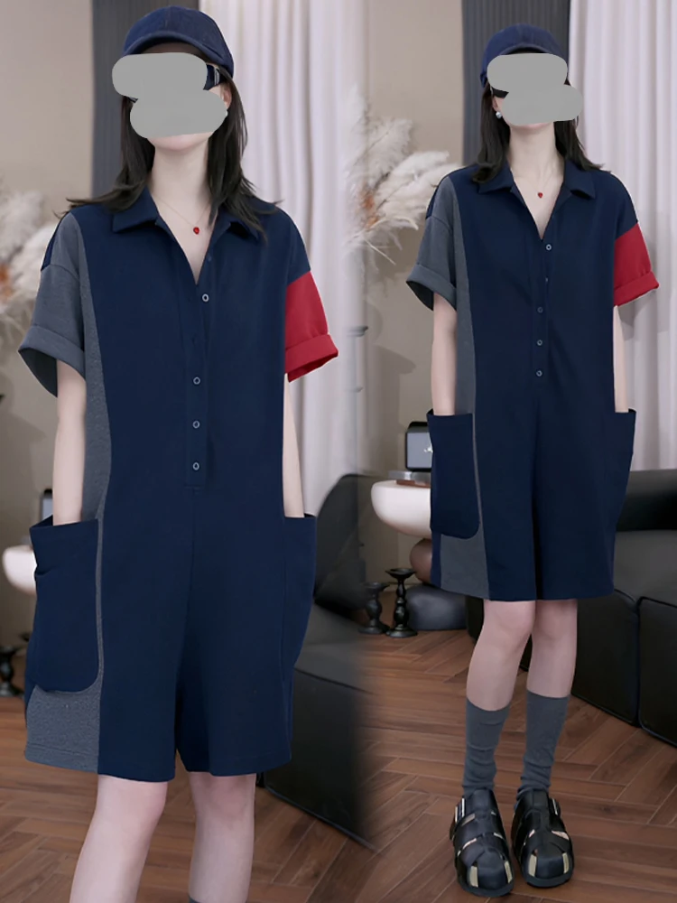 컬러 블록 여성용 루즈핏 패셔너블 디자인 칼라 점프수트 여름 신상 한국 스타일 하이웨이스트