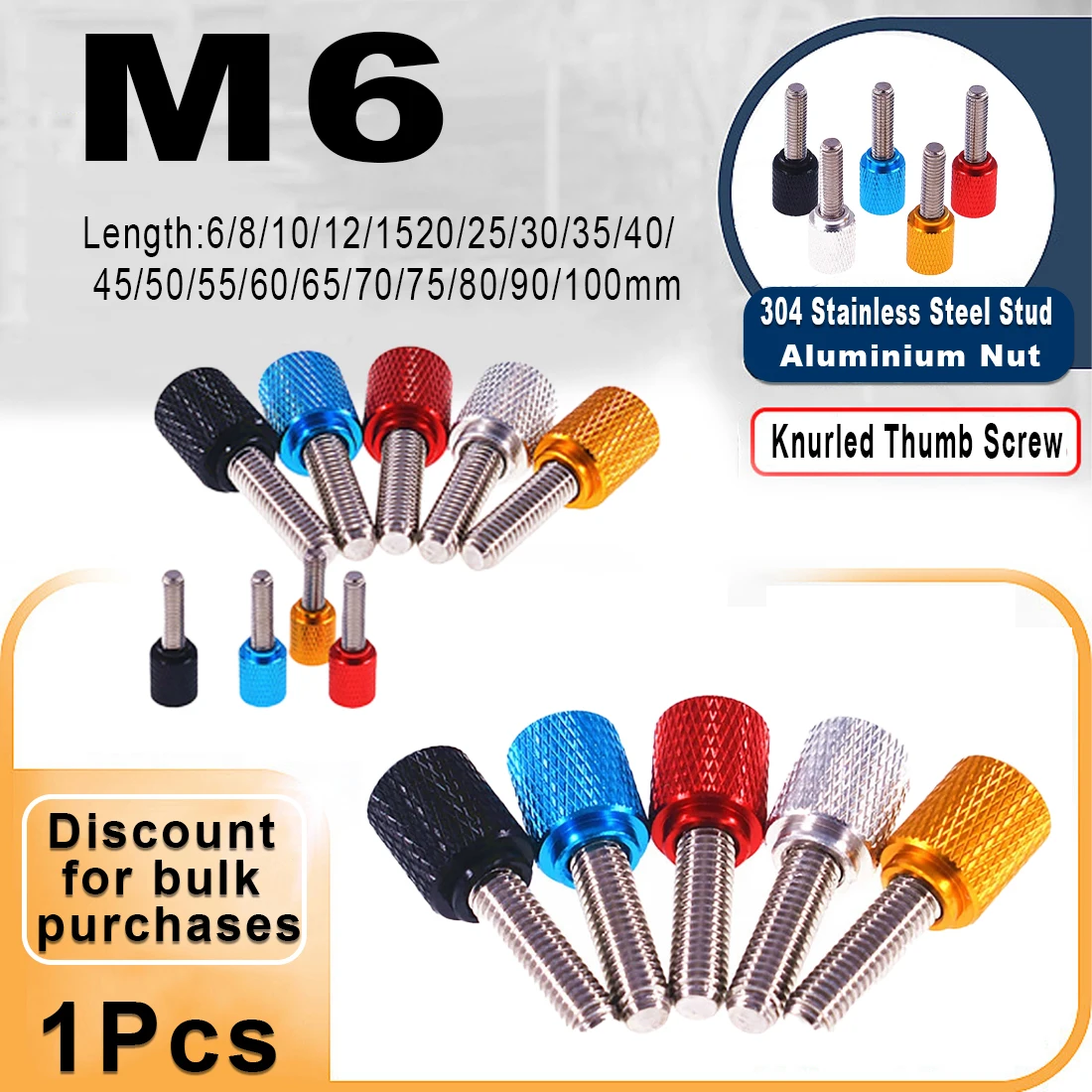M6 Colourful Thumb Screw Aluminum Alloy+Stainless Steel Flat Head Knurled Hand Grip Knob Step Machine Bolts  Length 6mm-100mm