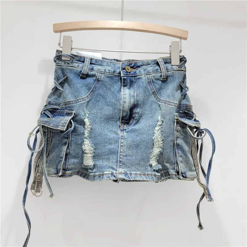 2024 Spring And Summer Short Skirts New American Side Pocket Lace-up Ripped Denim Mini Skirt Low Waist Hip-Wrapped Hot Girl Wear