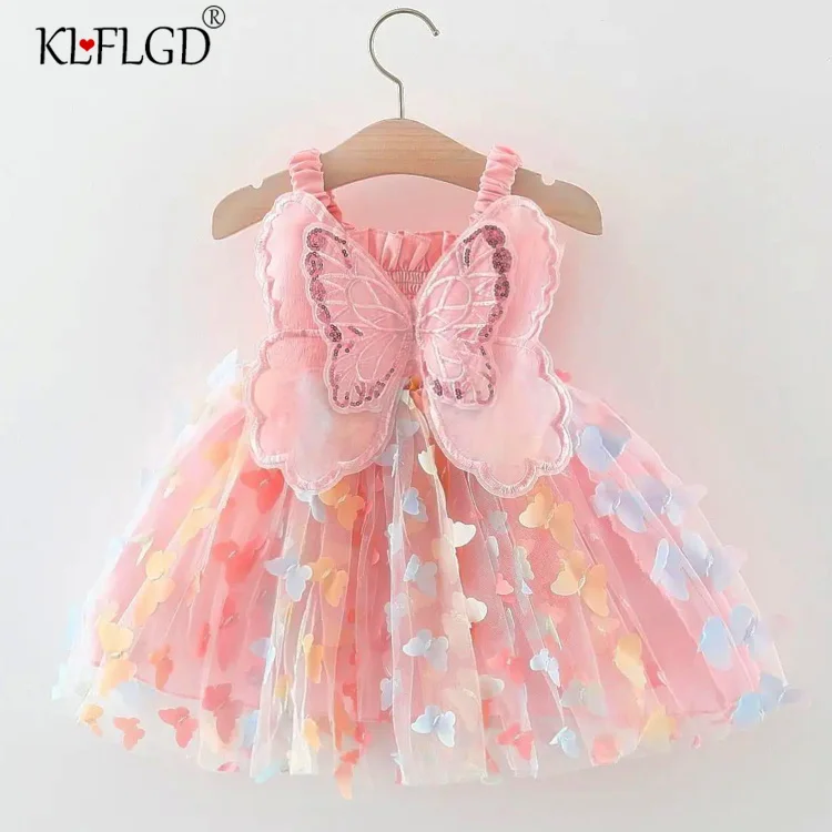 0-3-year-old toddler girl wearing chiffon dress cute sleeveless children's summer dress pink butterfly party dress