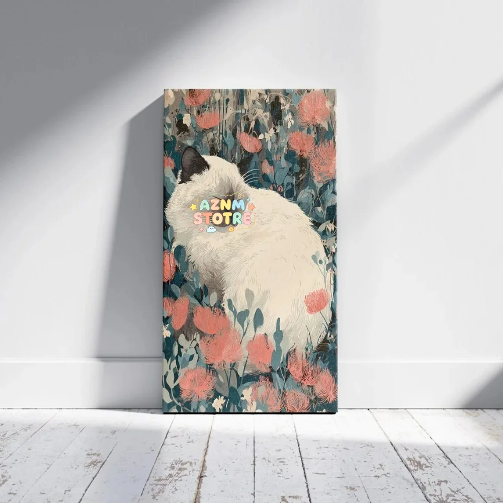 Ragdoll Cat Sleeping Floral Art Print Pink Flower Field Pet Lover Gift Home Decor Wall Art Botanical Cat Garden Poster