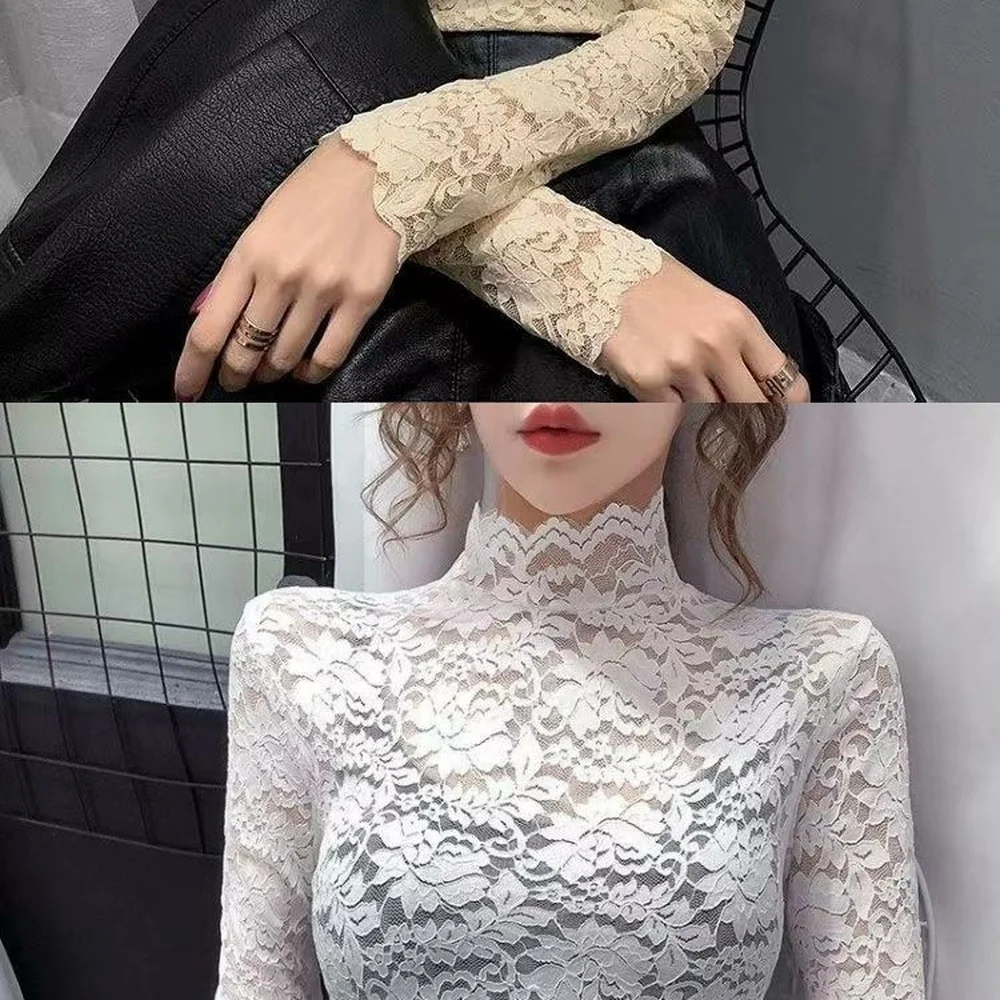 Stylish Women Lace Shirt Long Sleeve Mock Neck Slim Fit Base Layer Elegant Casual Breathable Stretchy Daily Top Wear