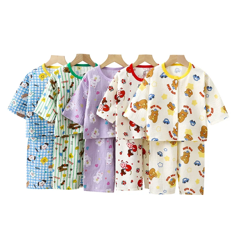 Children's Cartoon Print Sets Boys Girls Summer Autumn Thin Pure Cotton Home Suit Baby Gauze Air Conditioning 2Pcs Kids Clothes