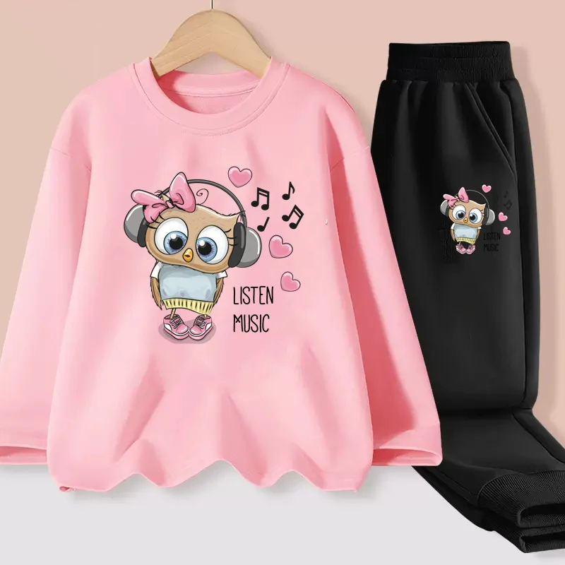 Aimi Lakana Baby Girls Long Sleeve Sets Owl Cartoon T-shirt Kids Casual Cotton Clothing Spring Autumn Dresses 3-14T