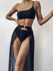 3 Pieces One Shoulder Bikini 2025 Women With Dress Swimsuit Female  Solid Swimwear Summer Beach Wear Bathing Swimming Swim Suit