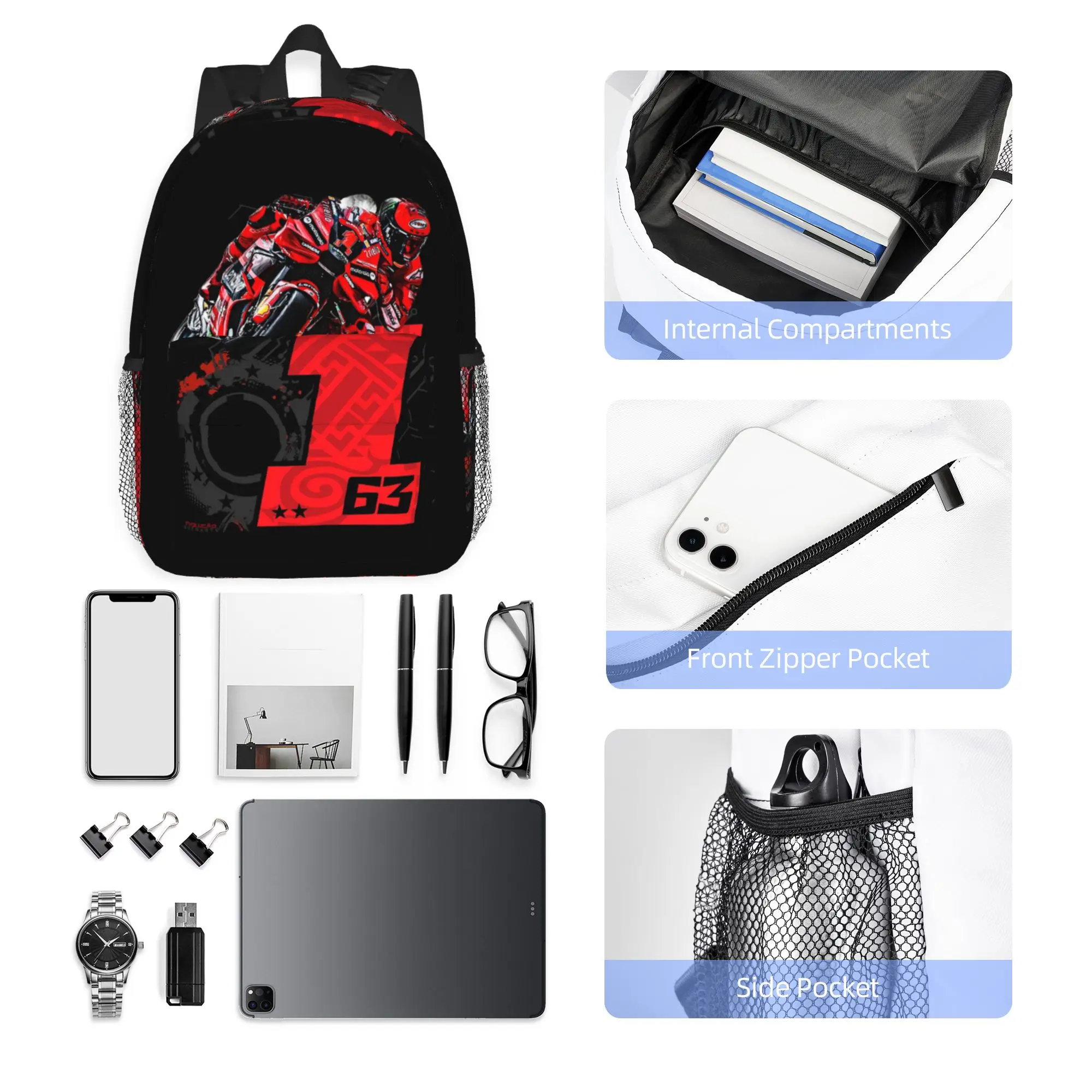 Francesco Bagnaia Number 1 Moto GP Backpack Hot Sale Daypack  Boys Girls BookBag Shoulder Bags for Men Women School Bag