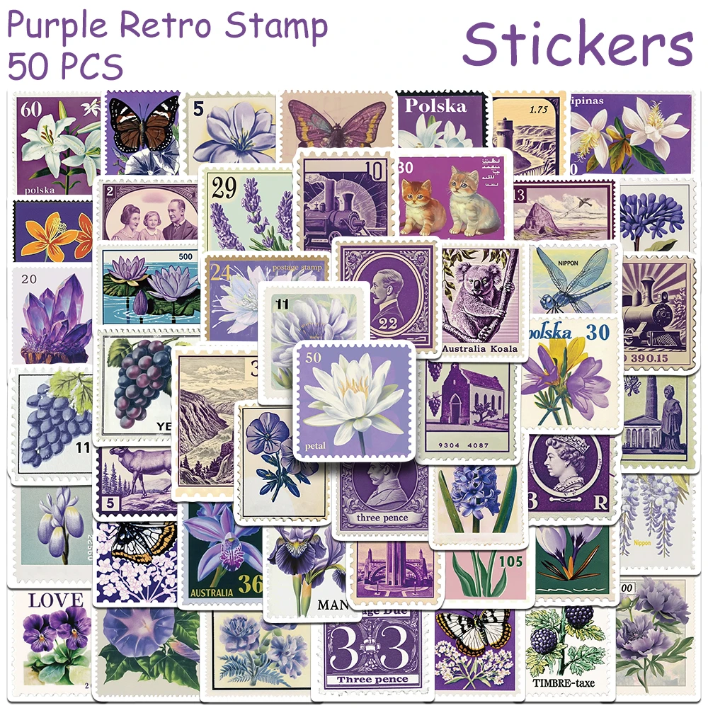 50pcs Purple Retro Stamps Flower Stickers Decals For Laptop Scrapbook Letter Refrigerator DIY Aesthetic Waterproof Stickers