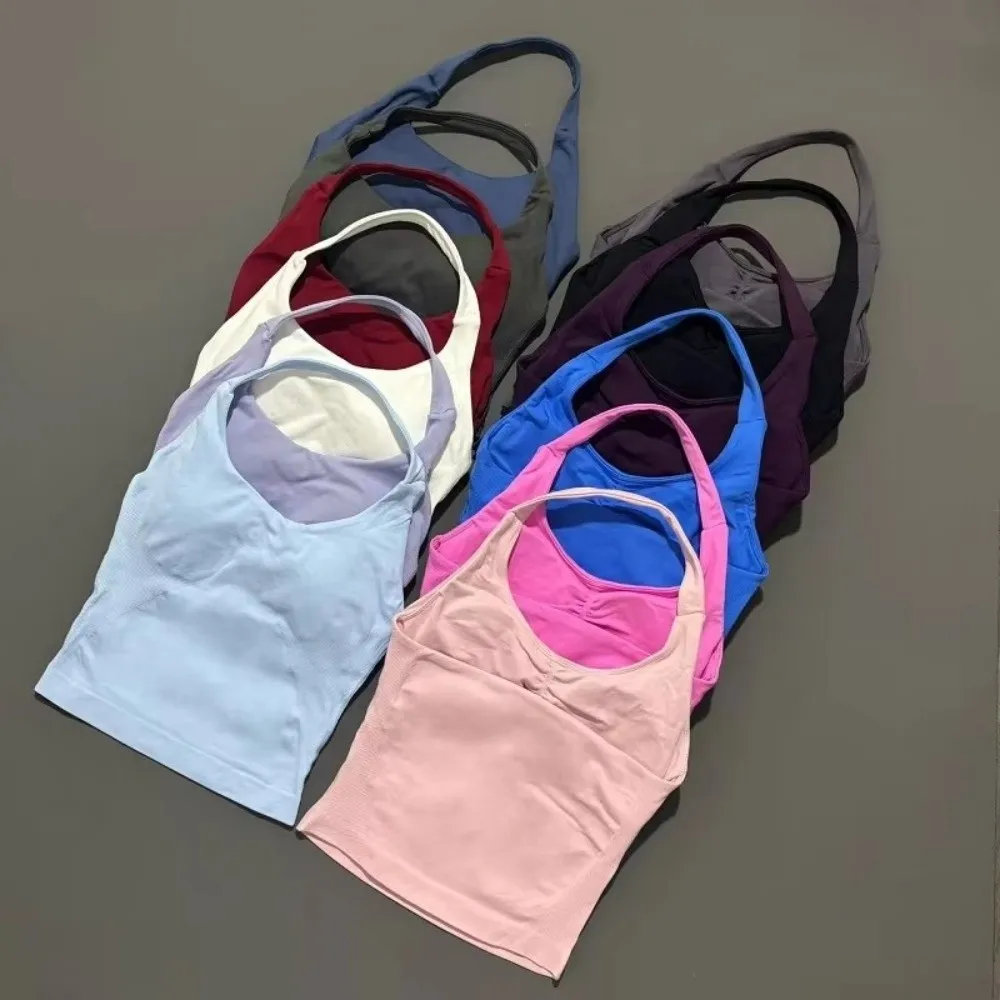 Seamless Knit Neck-hanging Exercise Vest Open Back Design Padded Support Gym Sports Top High Elasticity Breathable